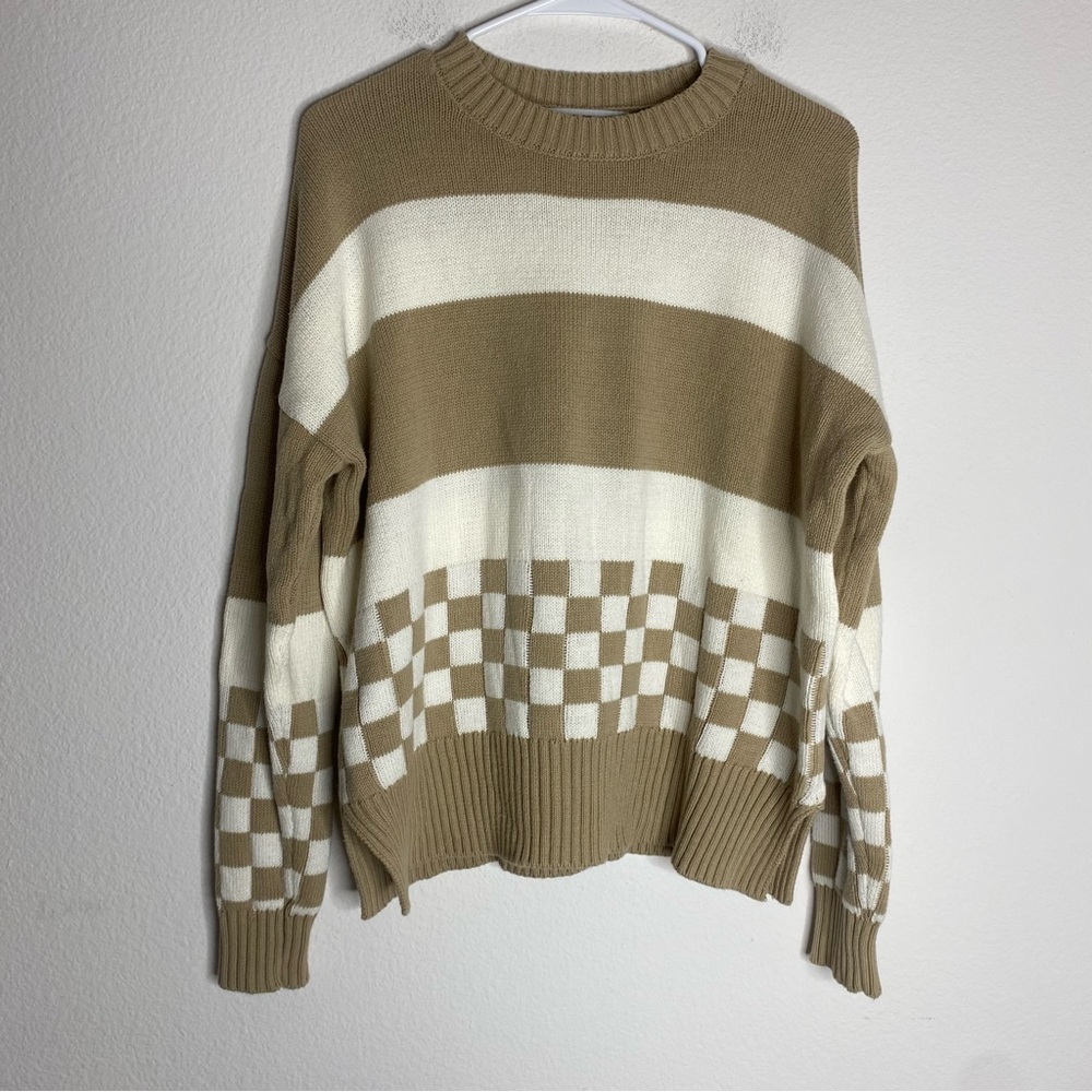 Beach Riot Callie Colorblock Checkered Striped Tan White Crewneck Sweater - Picture 3 of 5